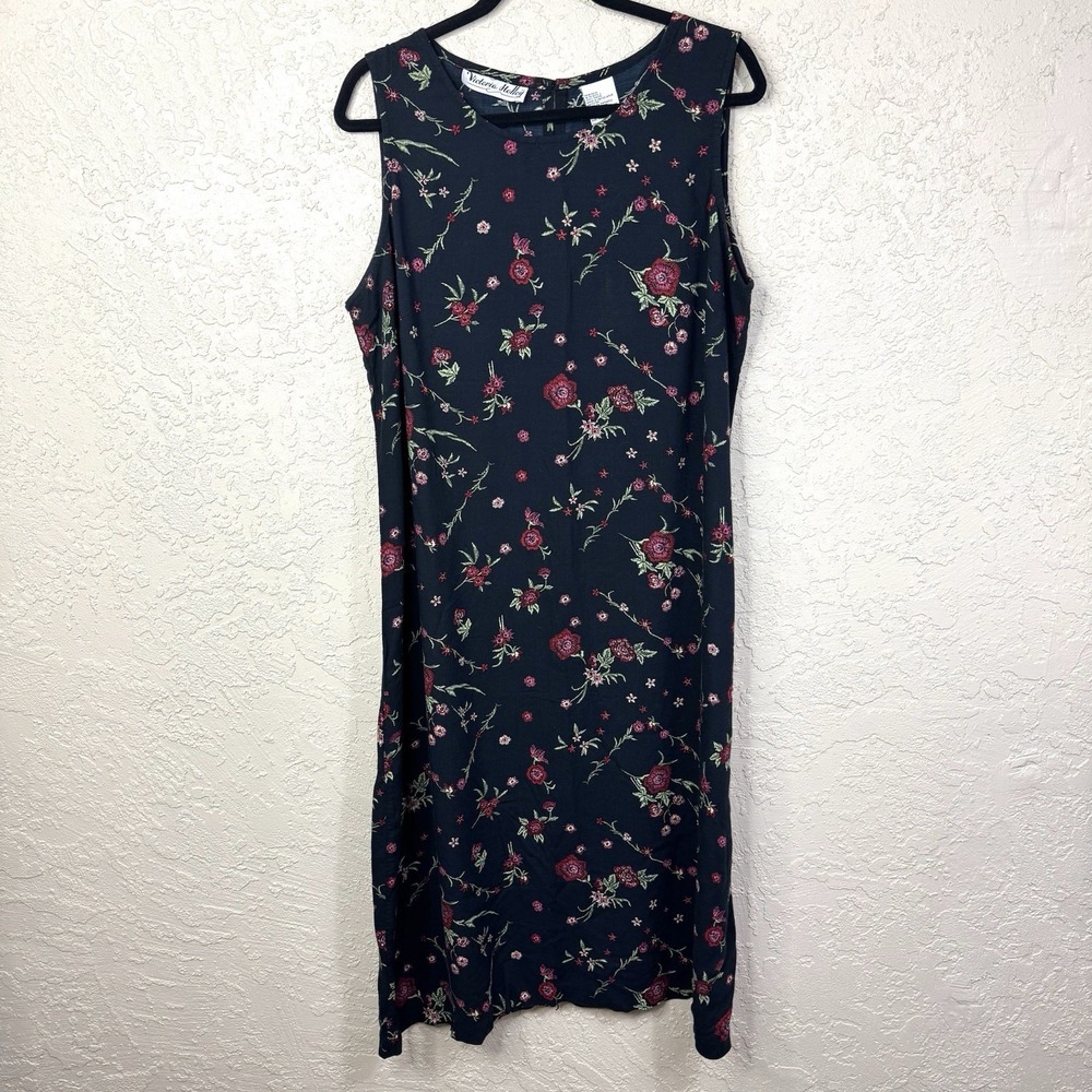 VTG Victoria Holley Black Floral Midi Dress 18W Boho Cottagecore Whimsigoth 90s